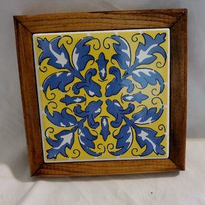 Vintage Dal-Tile Wood  Frame Trivet  Blue & Yellow Mexican Abstract 5.5"sq.